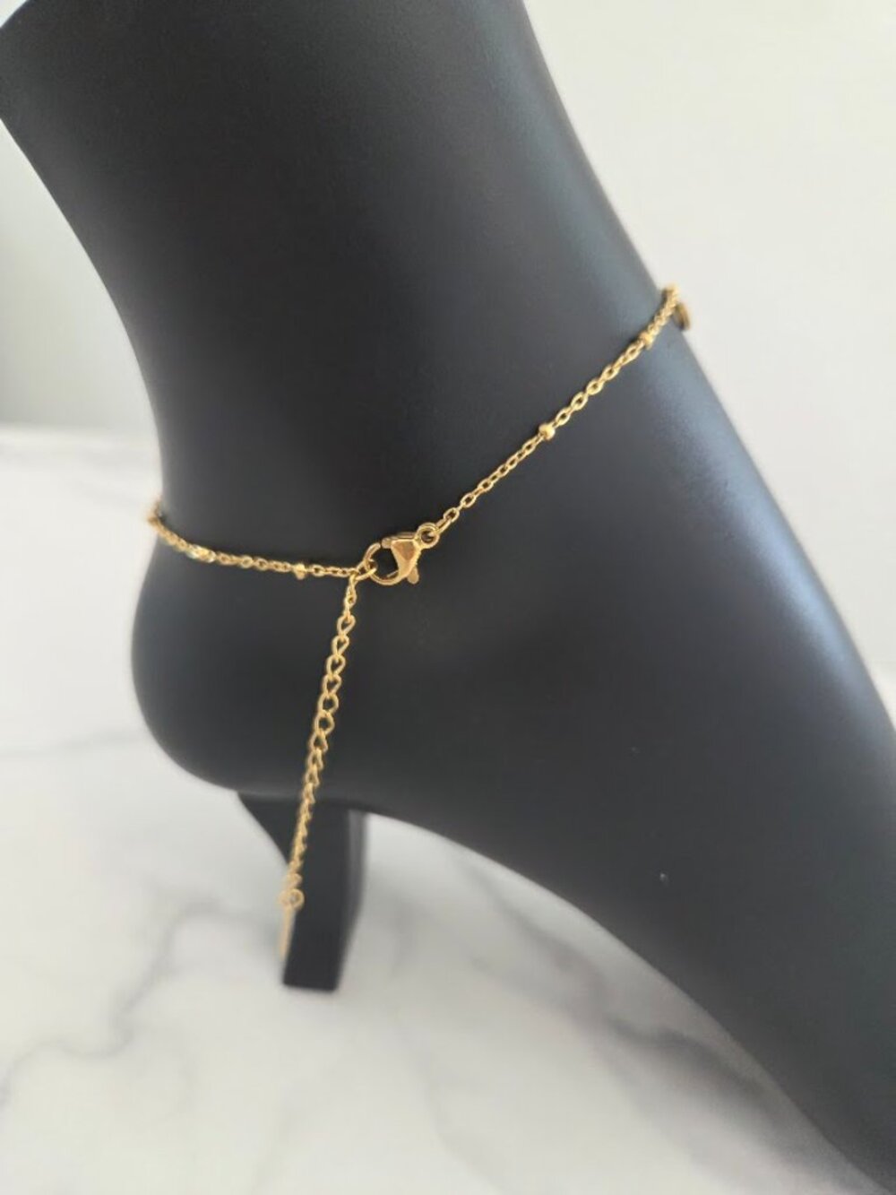 Gold Chain Anklet with Crown and Rhinestone Charms Delicate Beach Jewelry - Picture 10 of 13